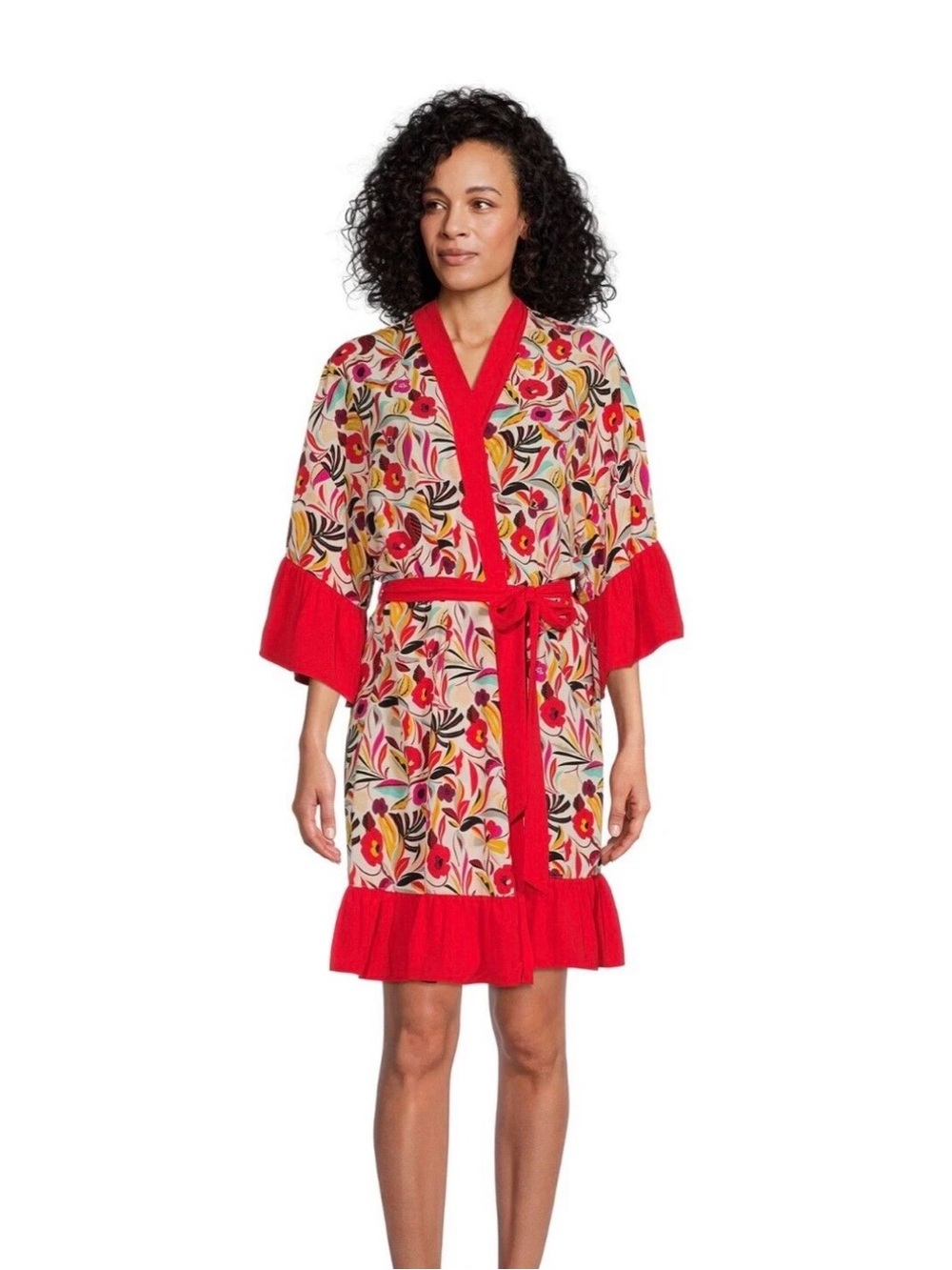 The Pioneer Woman Red Floral Print Satin Feel Robe with Tie Waist Size XL
